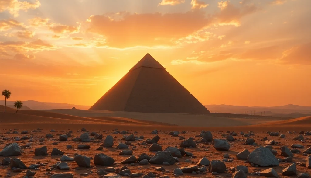 View the Great Pyramid of Giza illuminated by sunset at https://piraminds.com/ showcasing its majestic features.