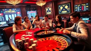 Excited gamblers strategically play at a luxurious casino table featuring 789 P betting slips and poker chips.