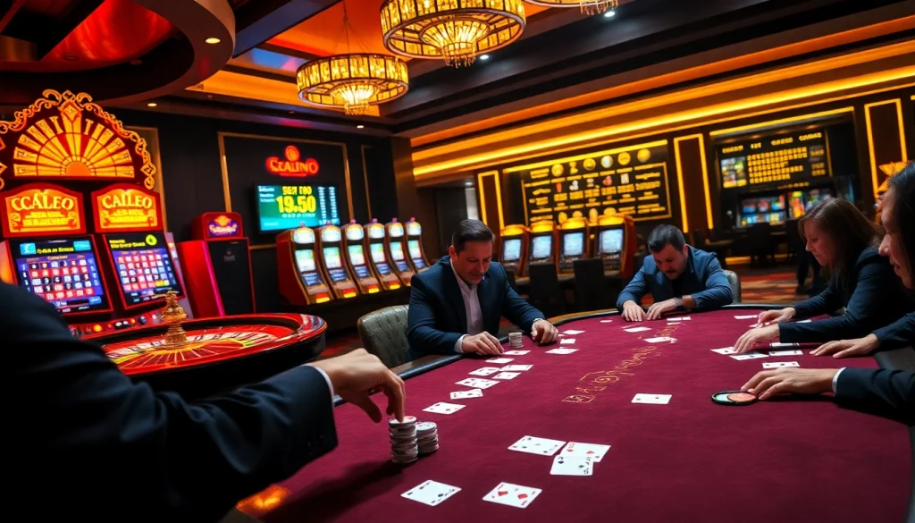 Tỷ lệ nhà cái displayed on screens amidst an exciting casino scene with a roulette table and poker players.