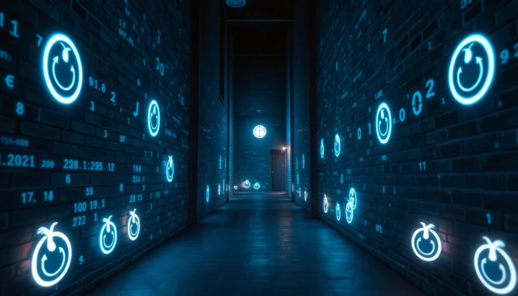 Exploring the hidden wiki dark web through a mysterious digital alleyway filled with .onion icons and symbols.