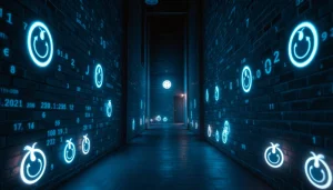 Exploring the hidden wiki dark web through a mysterious digital alleyway filled with .onion icons and symbols.