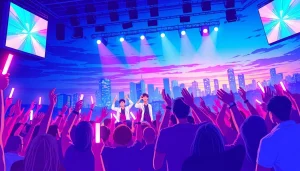 BTS news concert atmosphere with vibrant fans celebrating at a live performance.