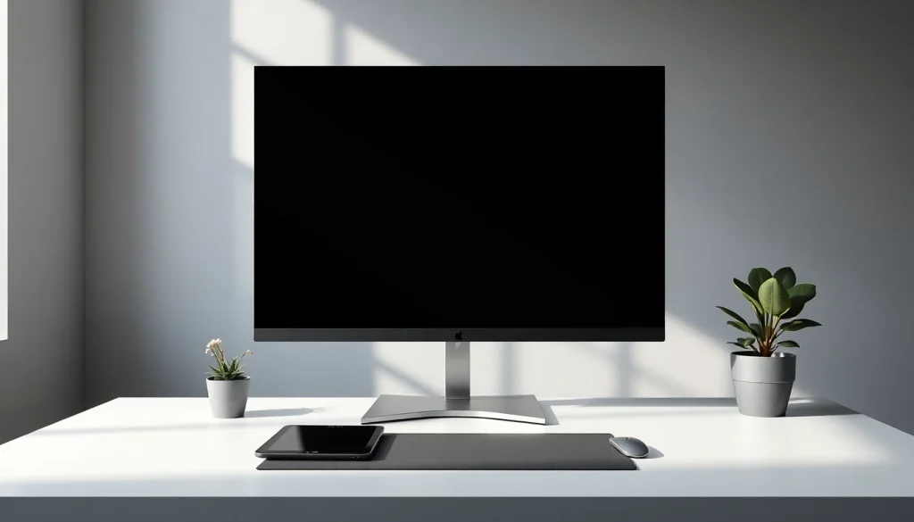 Pantalla negra displayed on a modern monitor in a professional workspace, emphasizing energy savings and eye relaxation.