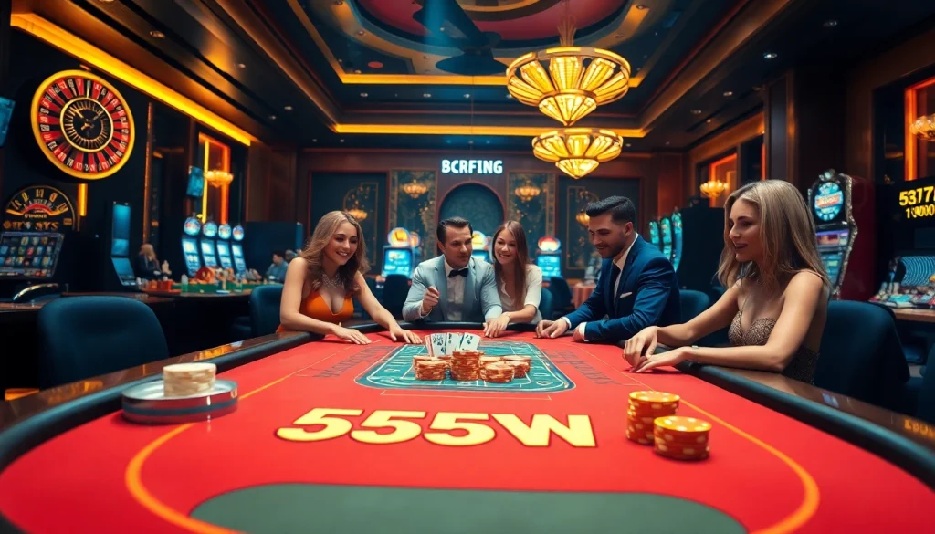 Players celebrating a big win at a casino table in a luxurious setting reflecting the 555 win experience.