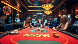 Players celebrating a big win at a casino table in a luxurious setting reflecting the 555 win experience.