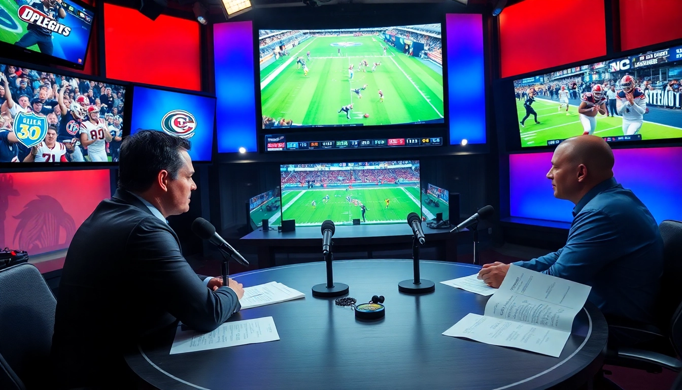 Engaging sports broadcasting studio with hosts discussing live sports event highlights.