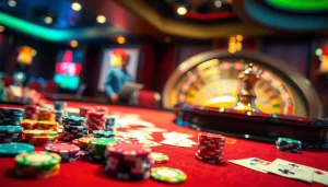 Experience the thrill of gambling at good88 with an engaging casino scene featuring poker tables and chips.
