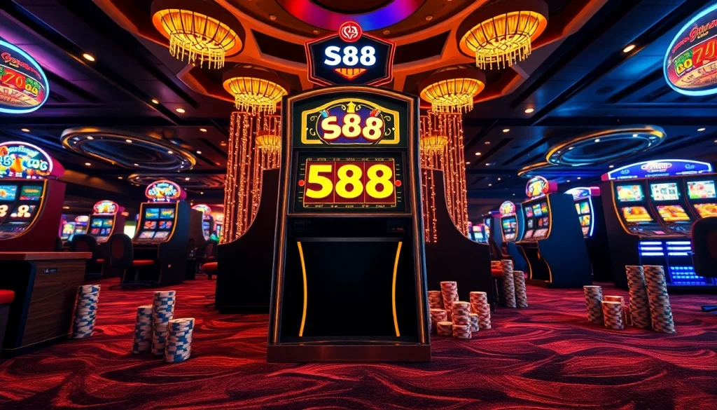Spin the reels on the S88 slot machine, surrounded by vibrant poker chips and sparkling lights.