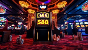 Spin the reels on the S88 slot machine, surrounded by vibrant poker chips and sparkling lights.