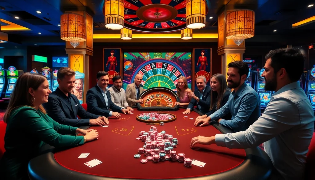 Players enjoying poker at a luxurious casino table, highlighting the excitement of mmoo gaming.