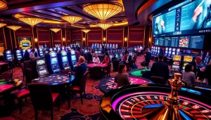 Players enjoying an exciting game at LC88 Casino with vibrant tables and machines.