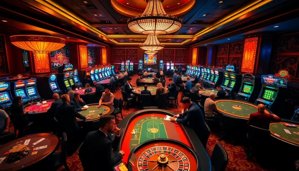 Experience the excitement of Onicplay with players at a vibrant casino, showcasing poker and slot action.