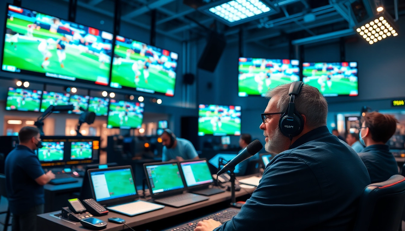 Engaging scene of sports broadcasting, showcasing a professional commentator and live game visuals.