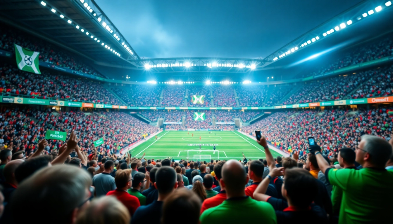 Capture the excitement of บ้านบอลผลบอล with enthusiastic fans in a vibrant soccer stadium.
