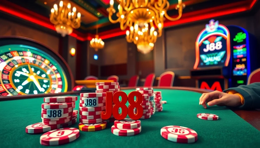 Players engaged in a thrilling game of poker with J88 chips in a luxurious casino setting.