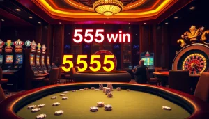 Experience the thrill of winning at 555 win with engaged players at a luxurious poker table.
