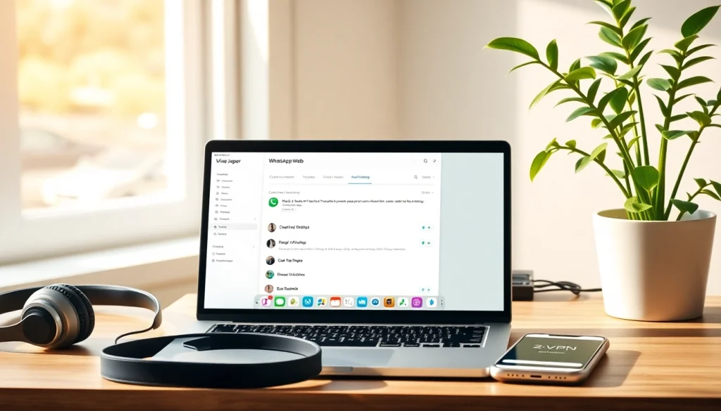现代化家庭办公环境，笔记本上显示 WhatsApp Web 与快连VPN。明亮而宜人的工作氛围，提升工作效率。