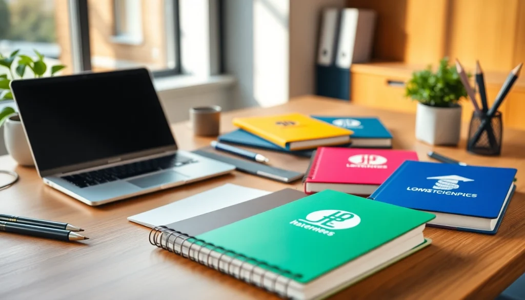 Reklaminiai bloknotai rodomi modernioje biuro aplinkoje, pabrėžiant prekės ženklą ir profesionalumą.