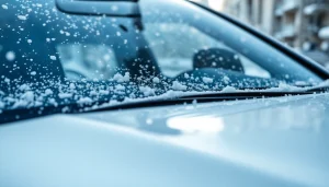 Showcase PPF winter road salt protection on a vehicle's surface against a snowy backdrop.