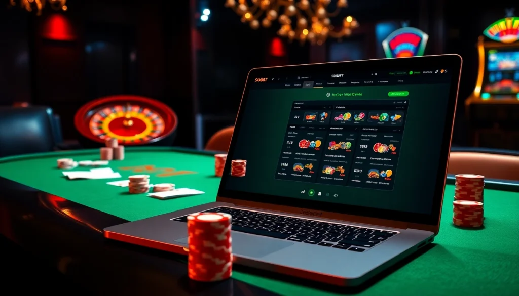 Engaging sbobet online betting interface at a luxurious casino with poker chips and cards.