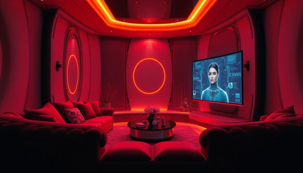 Immersive AI sex interaction in a luxurious modern setting, featuring a glowing AI character.