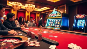 Experience the excitement of GO99 at a luxurious casino with vibrant slot machines, poker chips, and a lively atmosphere.