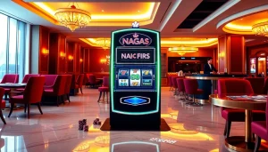 Engage with NAGA169 slot online in a vibrant casino setting featuring luxurious slot machines and lively action.