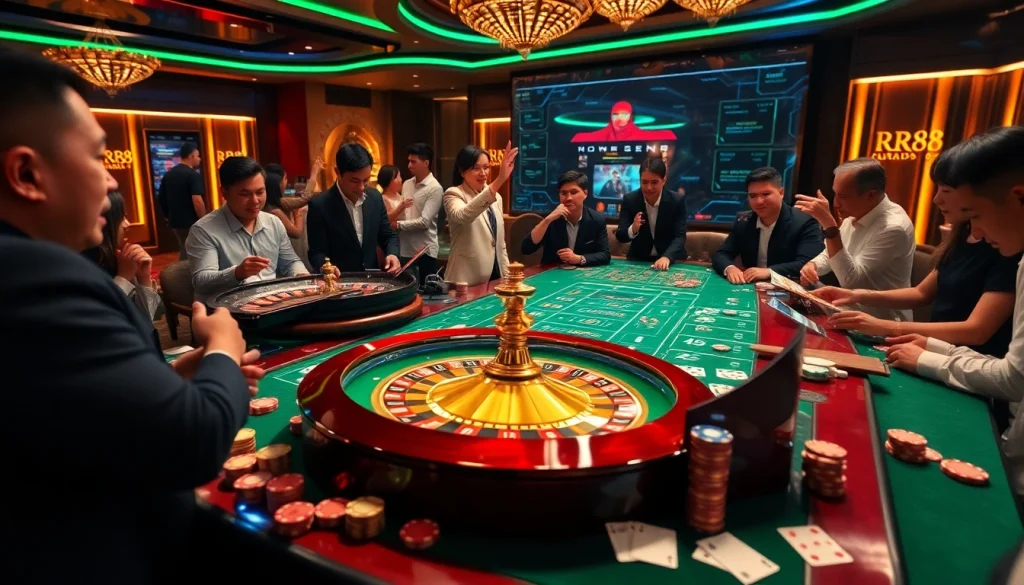 Players enjoying a thrilling RR88 gaming session at a luxurious casino table, cards, and chips visible.