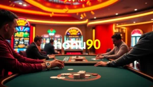 Players enjoying poker at nohu90 casino, with vibrant slot machines in the background.