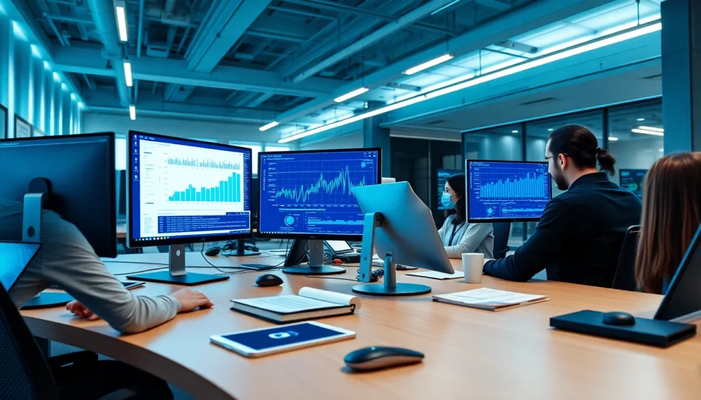 Innovative workspace showcasing software engineering with dynamic charts and diverse team collaboration.