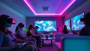 Engaging players immersed in AI porn games within a futuristic gaming room.