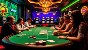 SODO66 gaming atmosphere with vibrant tables, chips, and excited players enjoying a casino experience.