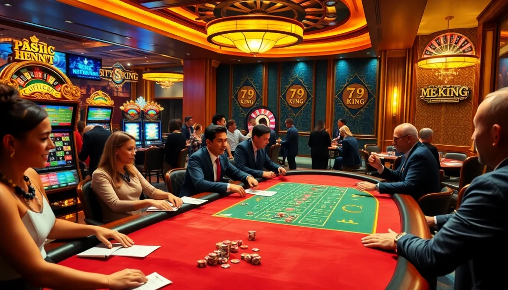 79 king casino scene showcasing exciting poker tables and vibrant slot machines in a luxurious setting.