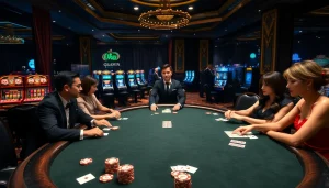 Engaged players at a high-stakes game showcasing Nhà cái OKFUN's luxurious casino environment.