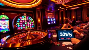 Players enjoying the thrill of gambling at 33win's luxurious casino tables and vibrant slot machines.