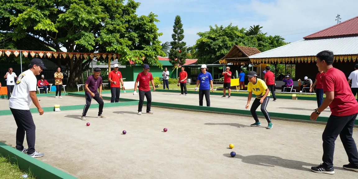 Komunitas bermain petanque di fopikotatomohon.org dengan suasana ceria dan hiasan budaya lokal.