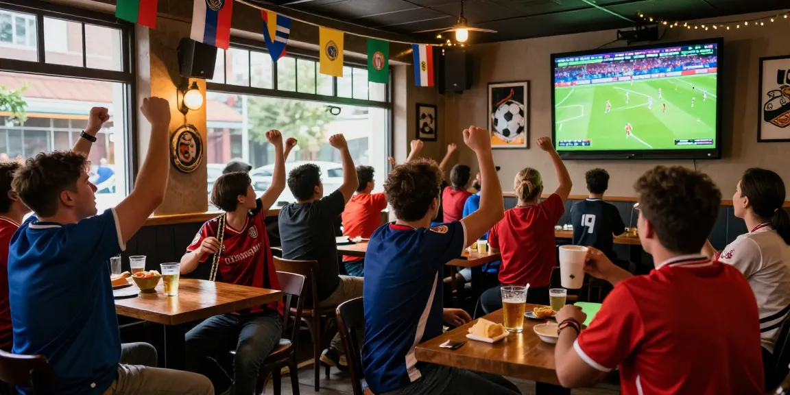 Fans enjoying kora live matches in a vibrant sports pub with cheers, flags, and festive decor.